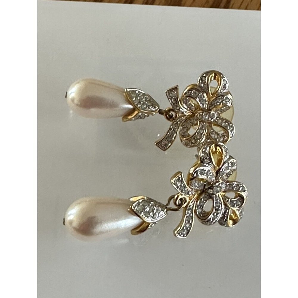 Vintage Faux Dangle Pearl Rhinestones Gold Tone Ribbon Earrings Special Event - Picture 3 of 8